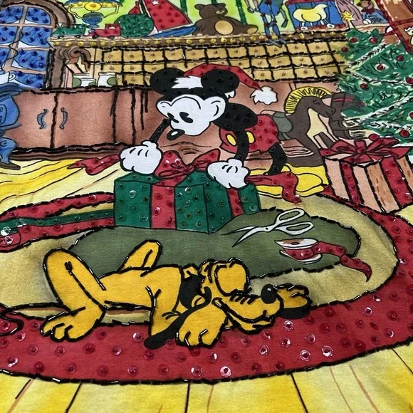 Vintage Disney Sequin Shirt LG Yellow Mickey All Over Print By Joujou Holiday - Picture 4 of 10